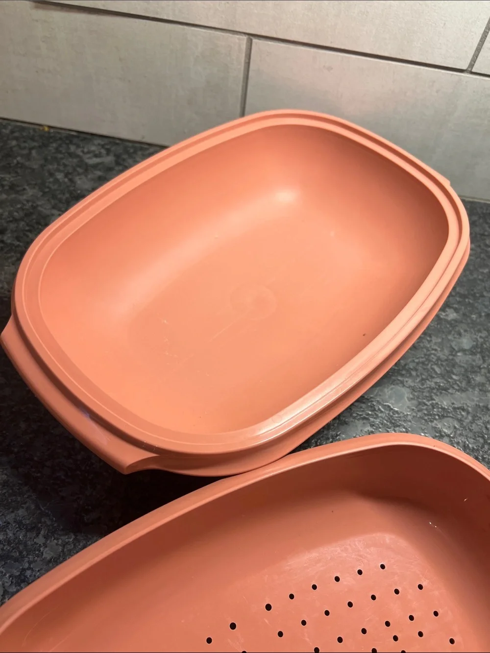 Vintage Pink 3 piece vegetable steamer for microwave. This looks like new